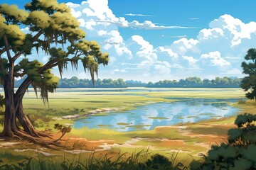 Illustration of a beautiful landscape with a lake and a cypress tree, Beautiful savannah landscape...