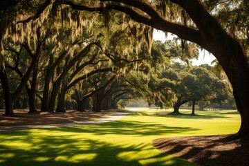 Golf course with old oak trees in the morning light, Florida, Beautiful savannah landscape view on...