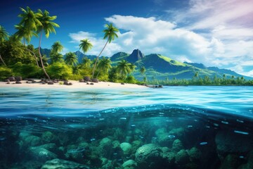 Tropical island with palm trees and sand. Seascape, Beautiful tropical island landscape view on a sunny day, AI Generated