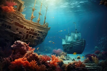 Naklejka premium Beautiful underwater world with ship and corals. 3d rendering, Beautiful underwater world with an old shipwreck, coral, and fish, AI Generated