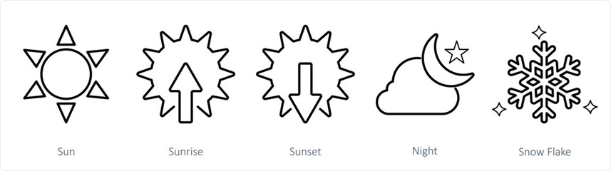 A set of 5 mix icons as sun, sunrise, sunset