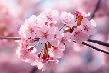 Naklejka premium cherry blossom in spring time, pink sakura flowers, Cherry blossom sakura in springtime, shallow depth of field, AI Generated
