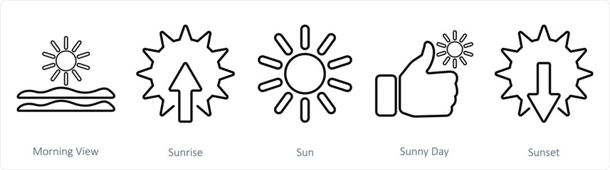 A set of 5 mix icons as morning view, sunrise, sun