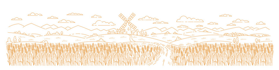 Rural landscape panorama field with a mill. Wheat spikelet in the foreground. Vector line. Editable outline stroke. © Ilia