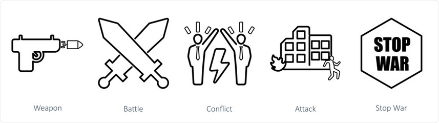 A set of 5 mix icons as weapon, battle, conflict