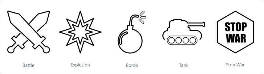 Obraz premium A set of 5 mix icons as battle, explosion, bomb