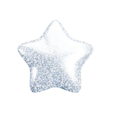 Vector 3d silver glitter textured star icon on white background. Cute realistic cartoon 3d render, glossy sparkling metallic star Illustration for customer rating concept, xmas decoration, game, app