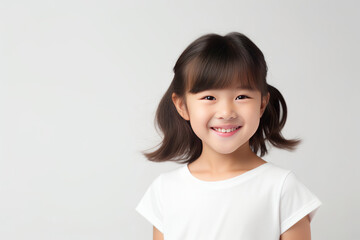 Asian smiling kid girl studio portrait, simple background. AI generative