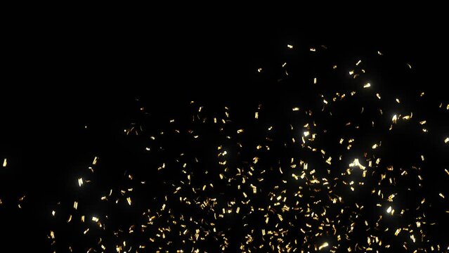 Beautiful Confetti Explosion Gold Color on Black Background with Alpha Mask. Falling Golden Confetti Firecracker Isolated 3d Animation. New Year Cracker 4k Ultra HD 3840x2160