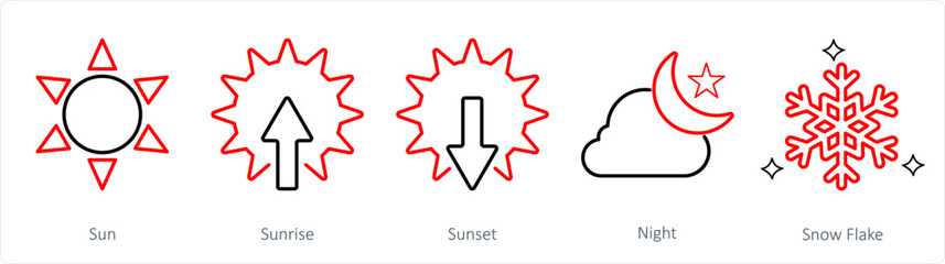 A set of 5 mix icons as sun, sunrise, sunset
