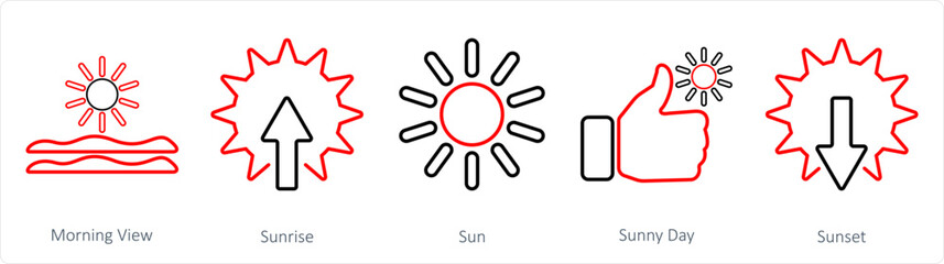 A set of 5 mix icons as morning view, sunrise, sun