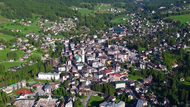 Aerial view above Cortina d'Ampezzo in the Dolomites Italy