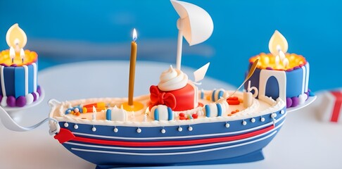 Boat design Birthday cake with candles on it, celebration decorative lights, with copy space, attractive blurred black background
