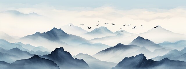 beautiful dark blue mountain landscape with fog and forest and flock of birds. Sunrise or sunset in mountains.