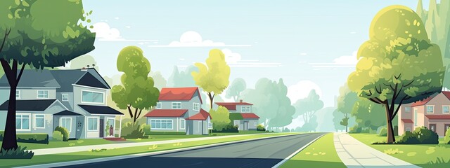 the landscape of the street of a quiet suburb with houses trees and a road in the daytime