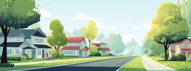 Tuinposter the landscape of the street of a quiet suburb with houses trees and a road in the daytime © Александр Alexander