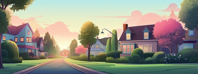 the landscape of the street of a quiet suburb with houses trees and a road at sunset or sunrise