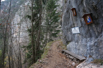 Small idyllic hiking trail in the forest: steep and rocky path near Krummbachstein in Lower Austria