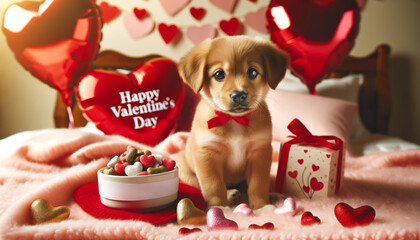 greeting card with cute puppy, hearts, gifts. valentines day. valentines day. - obrazy, fototapety, plakaty