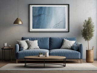 Rustic sofa with white and blue pillows against wall with big blank mock up poster frame