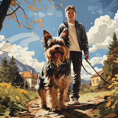 Vector photo of pet owner walking a Yorkshire terrier on sunny day 