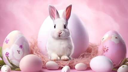 Naklejka na ściany i meble Happy easter Cute bunny sitting on the nest with easter eggs with soft pastel pink background