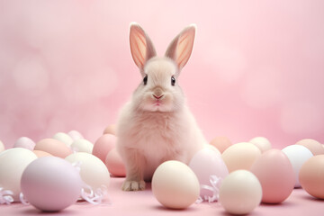 Naklejka na ściany i meble Happy easter Cute bunny sitting with easter eggs with soft pastel pink background