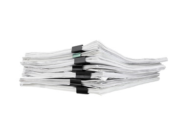 Stack of papers with paper clips, office folders. Transparent background. PNG.