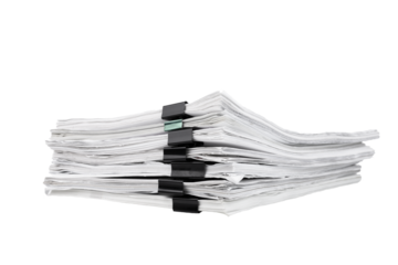 Stack of papers with paper clips, office folders. Transparent background. PNG.