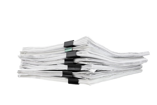 Stack of papers with paper clips, office folders. Transparent background. PNG.
