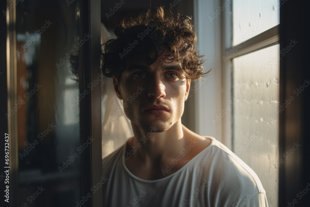 Poster a young man standing in front of a window. suitable for various uses