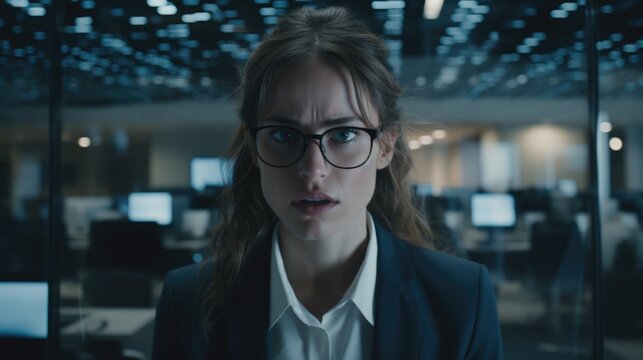 A professional woman wearing a suit and glasses standing in an office. Ideal for business and workplace concepts