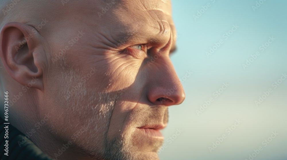 Poster a close up view of a man with a bald head. suitable for various uses