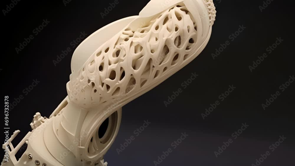 Poster a detailed view of a 4d printed prosthetic limb, highlighting how the material can change and adapt 