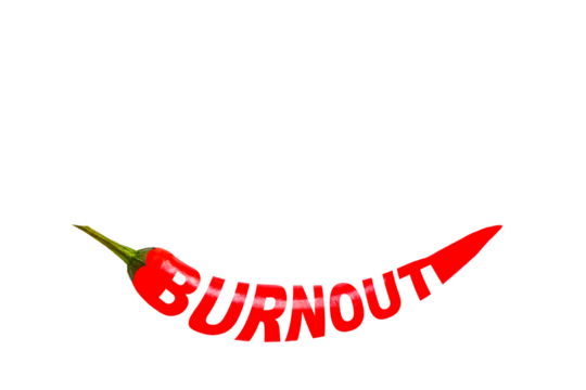 Burnout, creative word on red chili pepper. Transparent background. PNG
