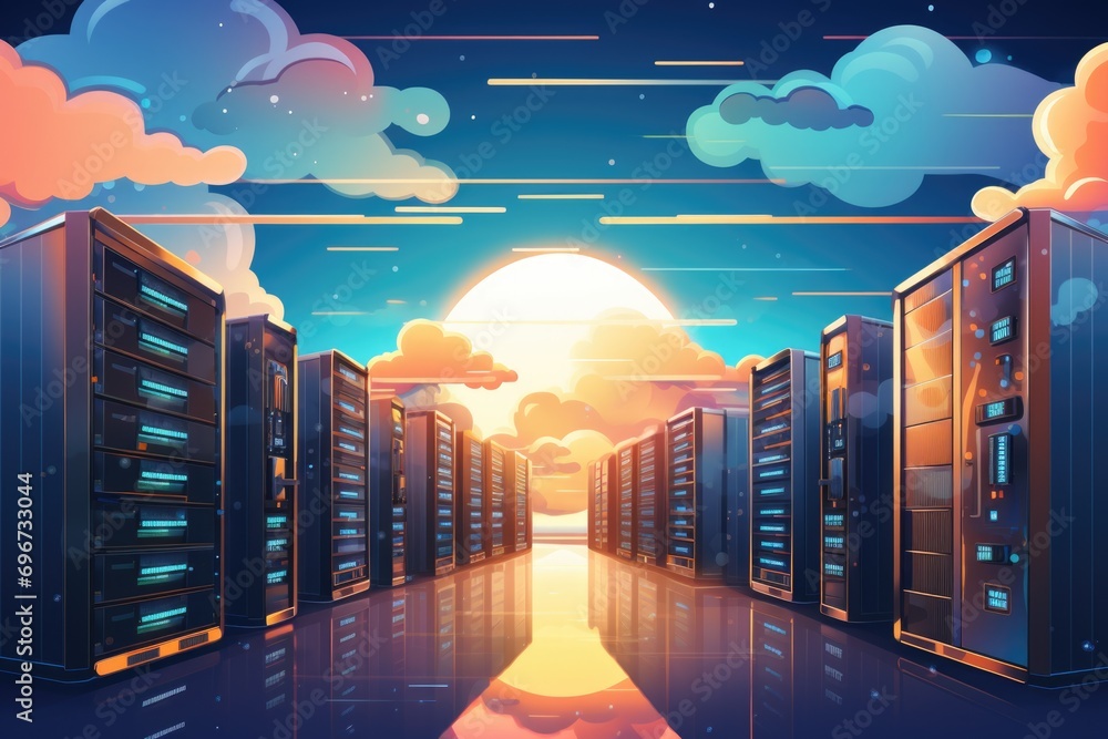 Aufkleber A picture of a server room with a row of servers. This image can be used to illustrate technology, data centers, networking, or IT infrastructure