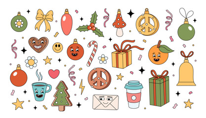 Set of Merry Christmas groovy elements. Groovy Hippie holiday collection stickers. Christmas objects in retro 70s style. Vector hand drawn illustration.