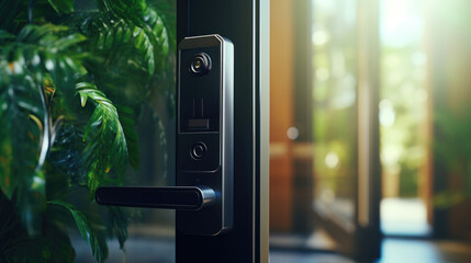 A detailed view of a door handle with a plant in the background. This image can be used to showcase the beauty of small details and add a touch of nature to any design or project