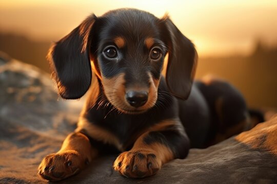 A small black and brown dog peacefully laying on a rock. Can be used to depict relaxation or nature scenes