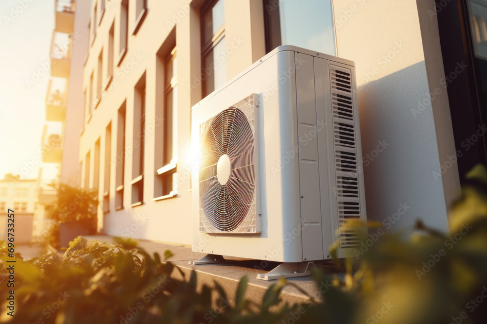 Poster A white air conditioner unit is positioned on the side of a building. This image can be used to depict urban architecture or to illustrate the concept of cooling and temperature control