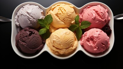 Set of four various ice cream balls or scoops ,ice cream scoops of different colors and flavours with berries