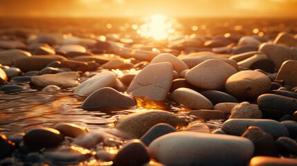 Fototapeta na wymiar The sun is setting over rocks in the water. Perfect for nature and landscape themes
