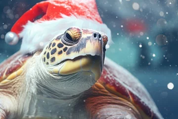 Fotobehang A close up view of a turtle wearing a festive Santa hat. Perfect for holiday-themed designs and Christmas promotions © Fotograf