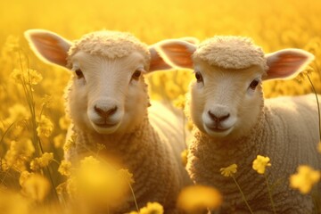 Two sheep standing in a field of vibrant yellow flowers. Perfect for nature and agriculture-related projects