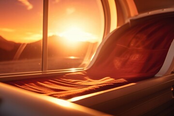 A beautiful sunset view through the window of an airplane. Perfect for travel or nature-themed projects