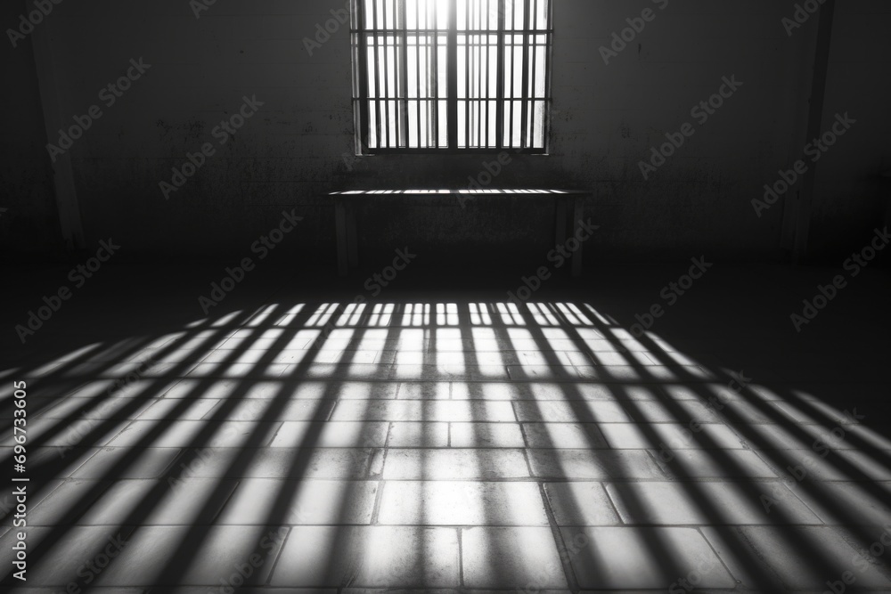 Poster A black and white photo of a window and a bench. Suitable for various design projects