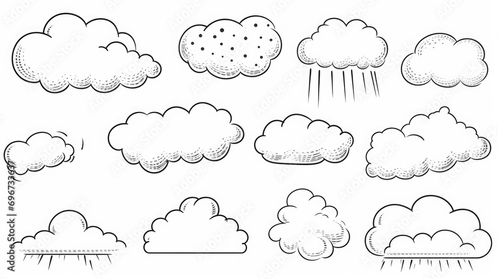 Poster A collection of cartoon clouds in various shapes and sizes. Ideal for adding a touch of whimsy to any project