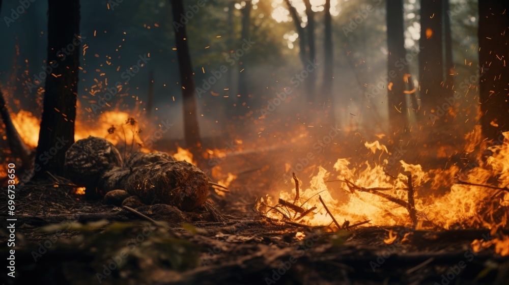 Poster a fire blazing in the middle of a forest. suitable for environmental and disaster-related themes