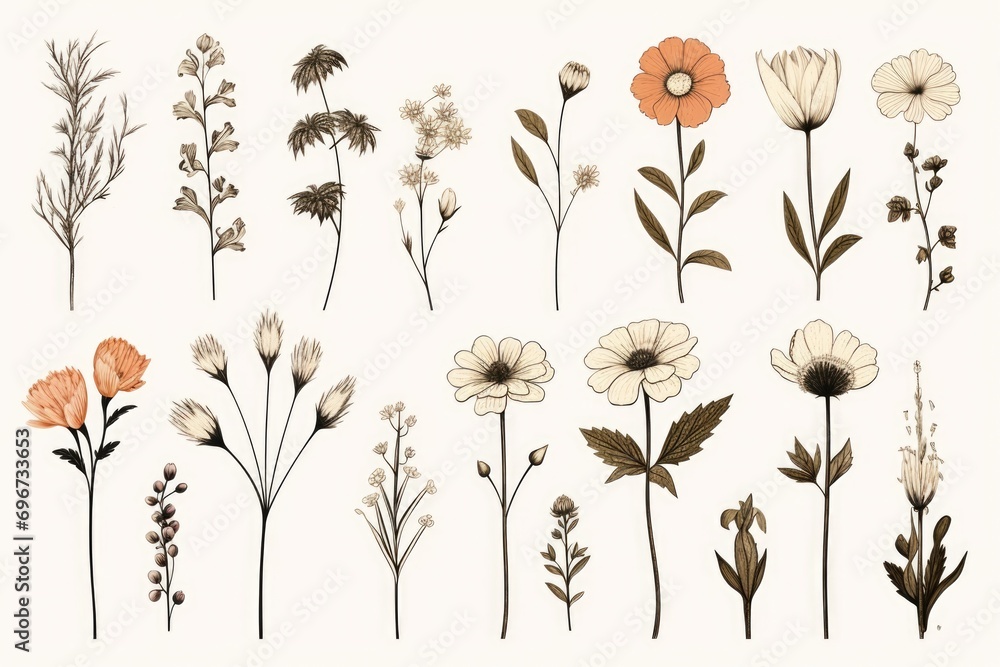 Aufkleber A collection of different types of flowers arranged on a white background. Perfect for adding a touch of nature to any project or design
