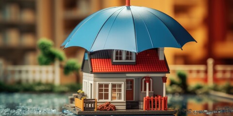 Fototapeta na wymiar A toy house with a colorful umbrella on top. Perfect for children's playtime or showcasing summer fun